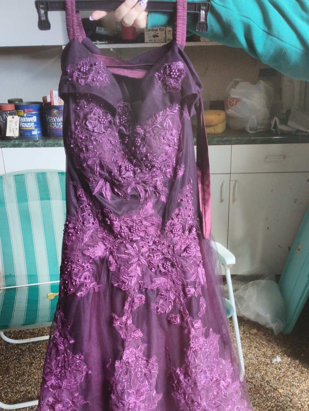 Purple Lace Applique Evening Dress - Women